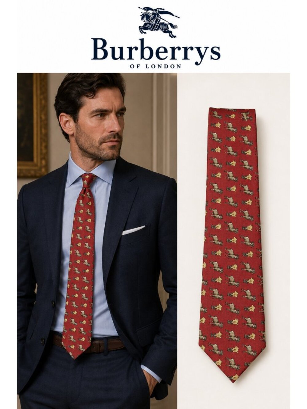 Burberrys Vintage Red Silk Ram Animal Print Tie Hand Made USA